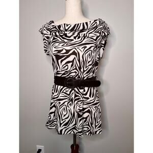 2000s Y2K Heart Soul Brown White Zebra Animal Print Going Out Tunic Belted Top L